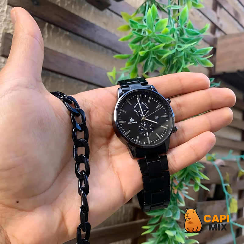 Relógio masculino Chrono Black Elegance + Pulseira de Brinde