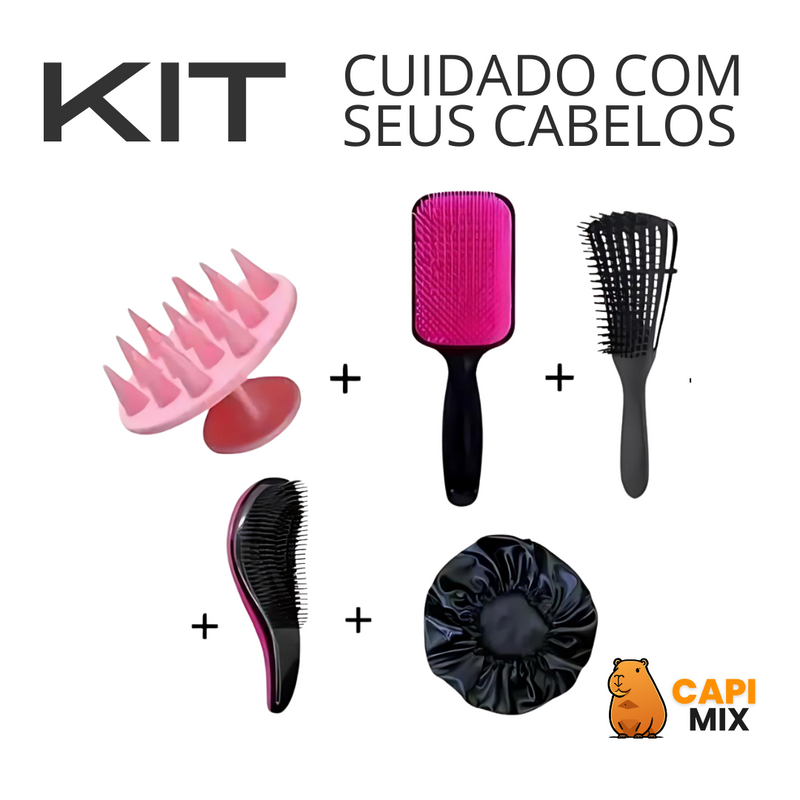 Kit com 3 Escovas + Escova Massageadora + touca de Cetim