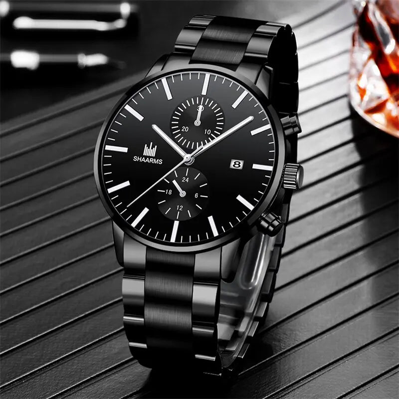 Relógio masculino Chrono Black Elegance + Pulseira de Brinde