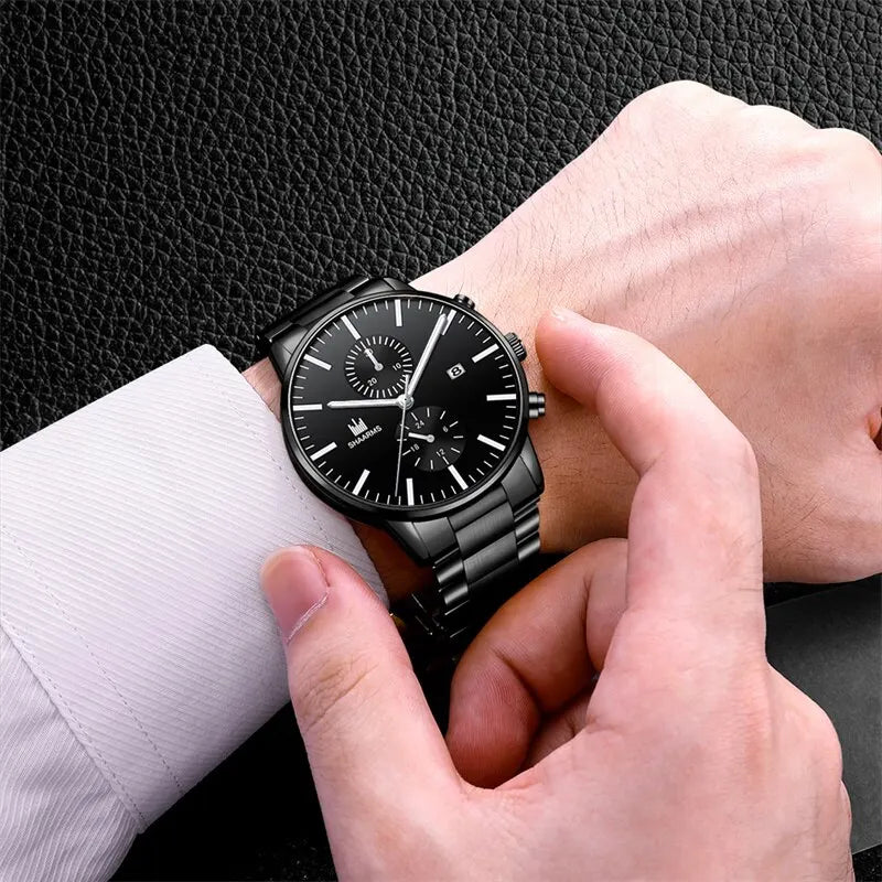 Relógio masculino Chrono Black Elegance + Pulseira de Brinde