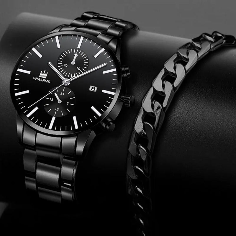 Relógio masculino Chrono Black Elegance + Pulseira de Brinde